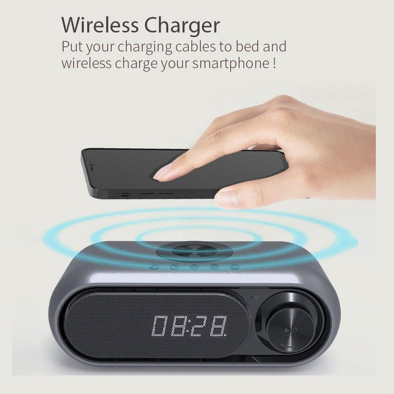 Bluetooth Speaker with 15W Wireless Charger & FM Alarm Clock (Grey)