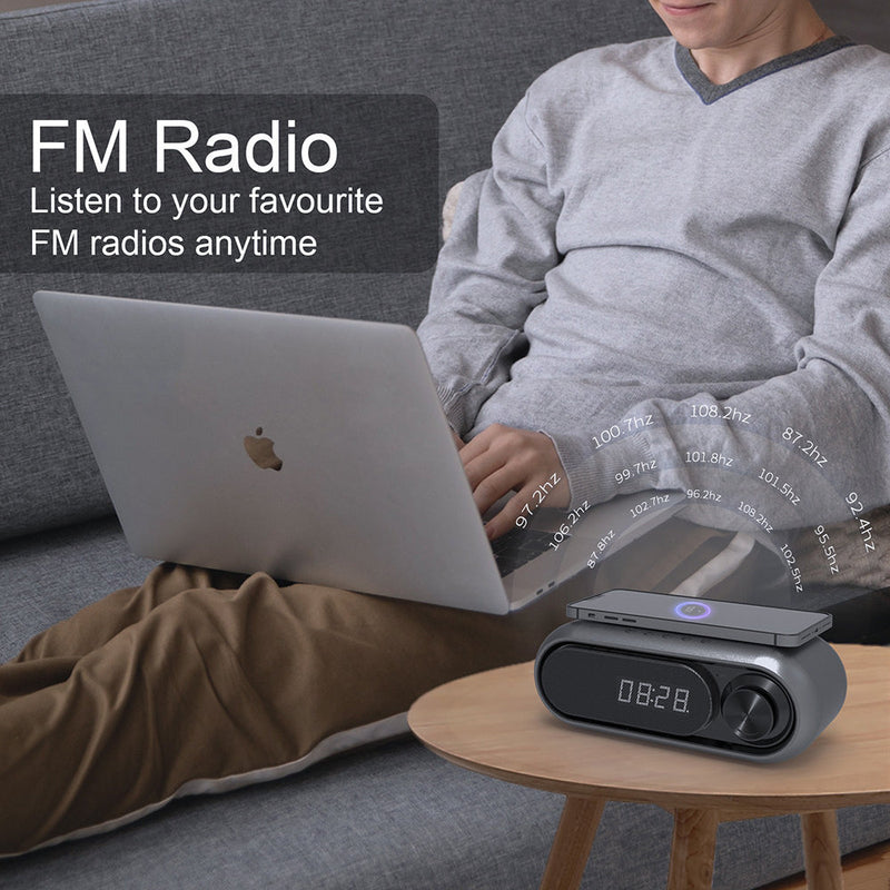 Bluetooth Speaker with 15W Wireless Charger & FM Alarm Clock (Grey)