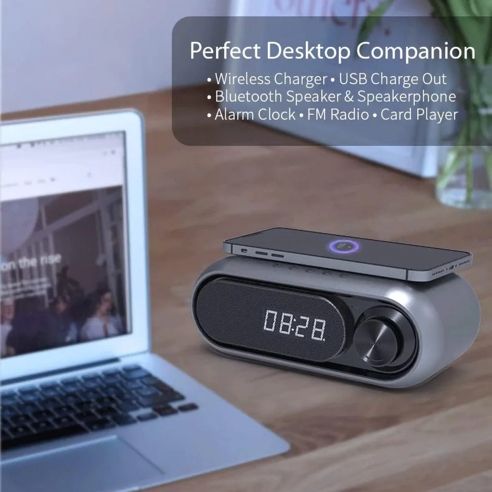 Bluetooth Speaker with 15W Wireless Charger & FM Alarm Clock (Grey)