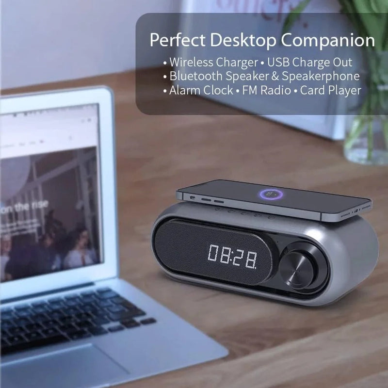 Bluetooth Speaker with 15W Wireless Charger & FM Alarm Clock (Grey)