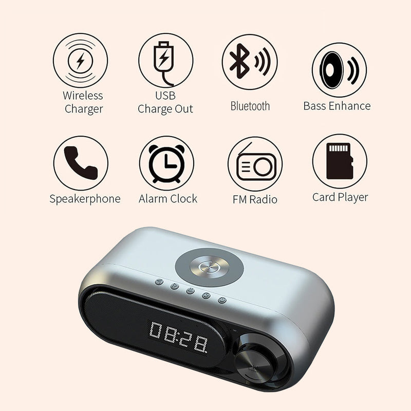 Bluetooth Speaker with 15W Wireless Charger & FM Alarm Clock (Grey)