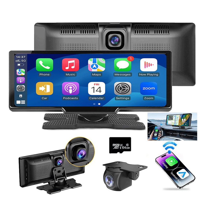 10.26" Wireless Dual Dash Cam with Apple CarPlay & Android Auto – Front & Rear + 64GB Card