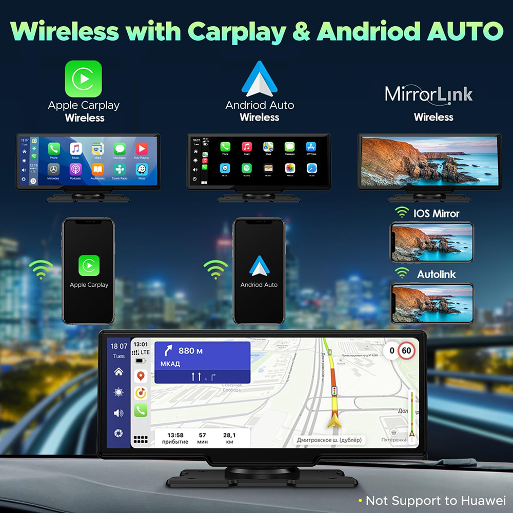 10.26" Wireless Dual Dash Cam with Apple CarPlay & Android Auto – Front & Rear + 64GB Card