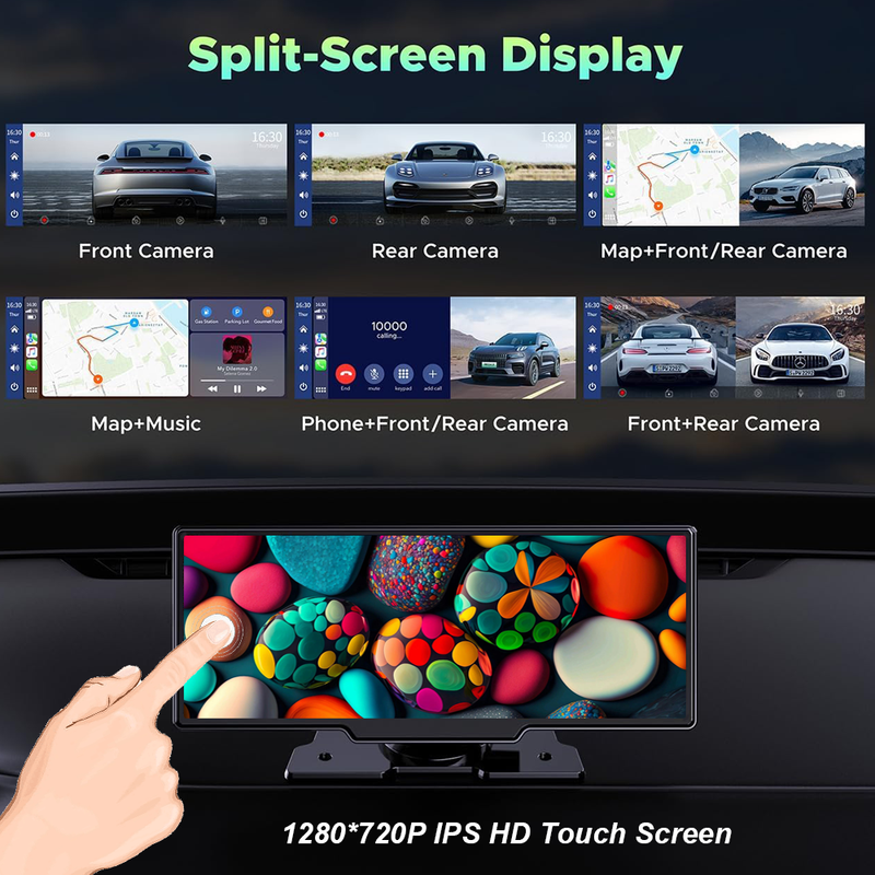 10.26" Wireless Dual Dash Cam with Apple CarPlay & Android Auto – Front & Rear + 64GB Card