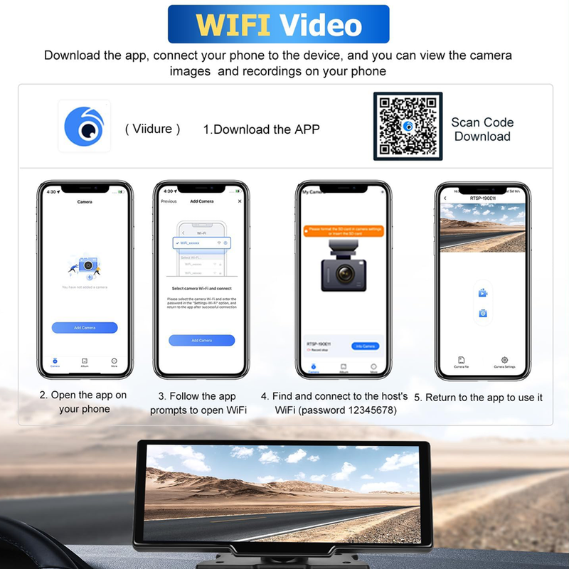 10.26" Wireless Dual Dash Cam with Apple CarPlay & Android Auto – Front & Rear + 64GB Card