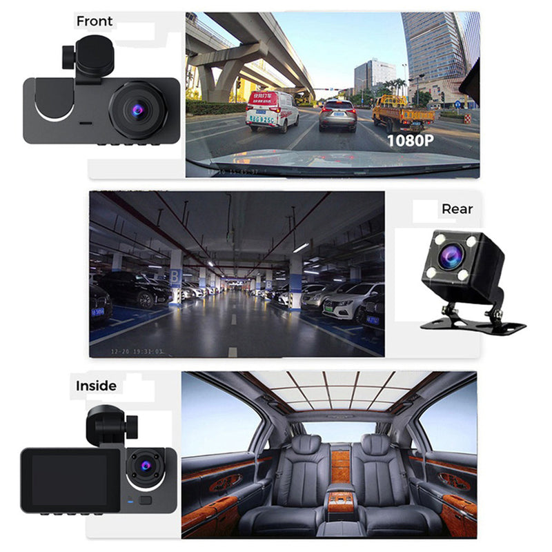3-Channel Car DVR Dash Cam 1080P HD + 32GB Card