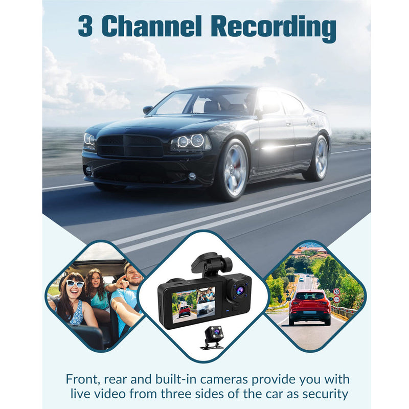 3-Channel Car DVR Dash Cam 1080P HD + 32GB Card