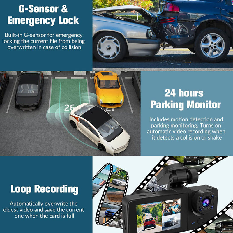 3-Channel Car DVR Dash Cam 1080P HD + 32GB Card