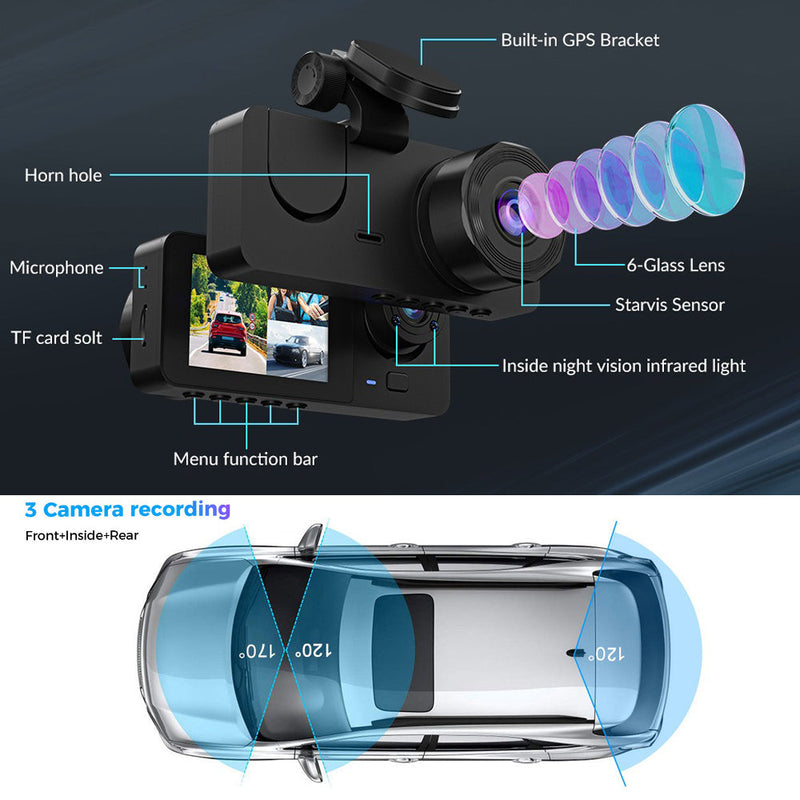 3-Channel Car DVR Dash Cam 1080P HD + 32GB Card