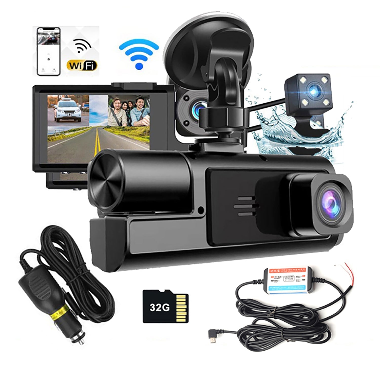 Wi-Fi 3-Channel Dash Cam 1080P HD + Hardwire Kit & 32GB