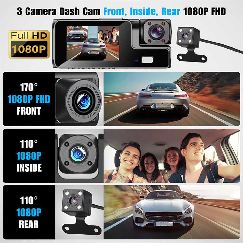 Wi-Fi 3-Channel Dash Cam 1080P HD + Hardwire Kit & 32GB