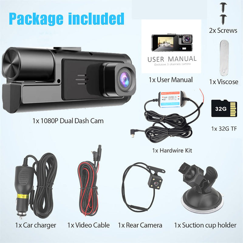 Wi-Fi 3-Channel Dash Cam 1080P HD + Hardwire Kit & 32GB