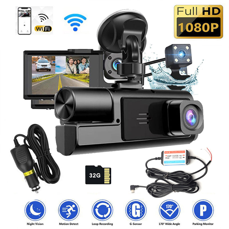 Wi-Fi 3-Channel Dash Cam 1080P HD + Hardwire Kit & 32GB