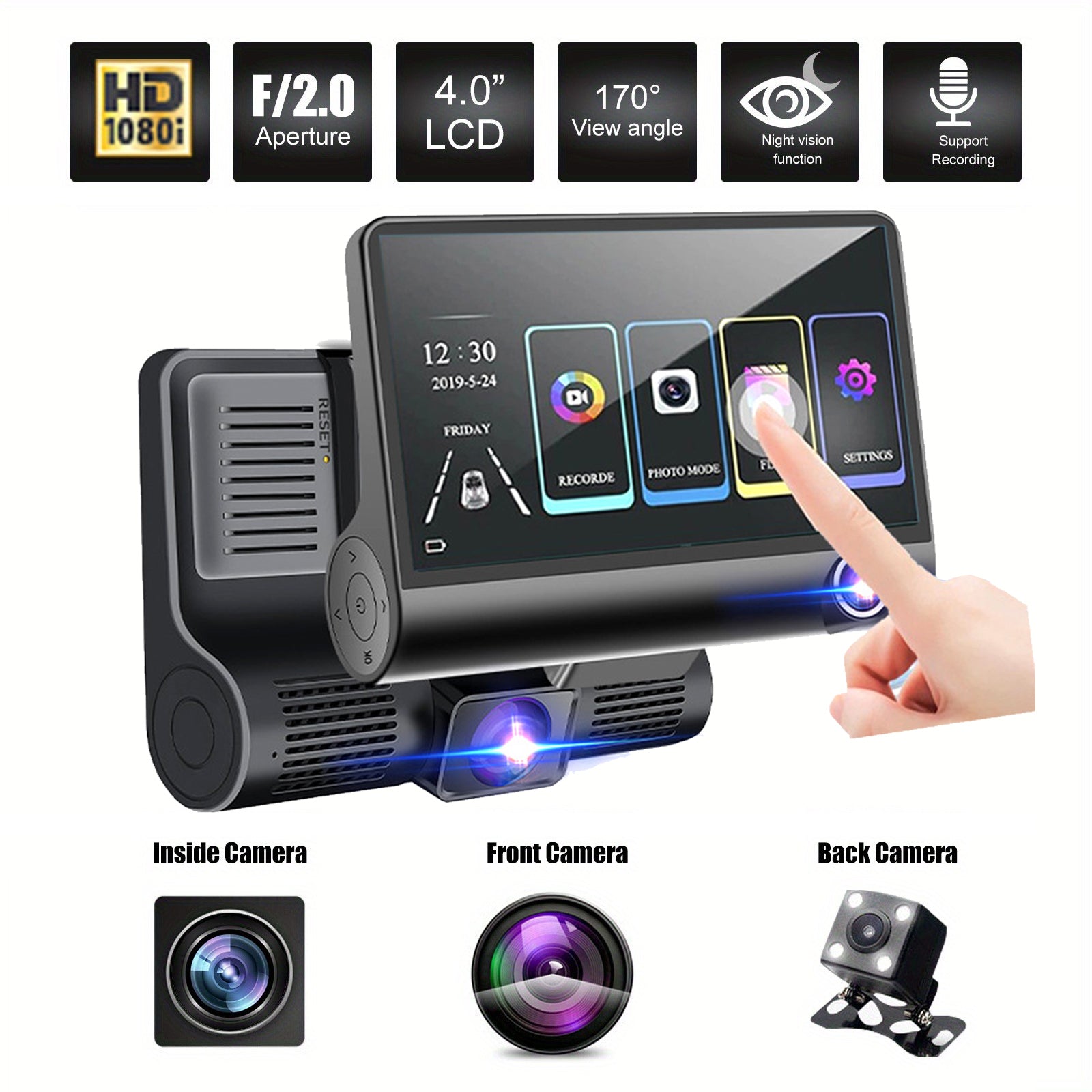 Triple Lens Dash Cam 1080P HD Front & Rear 4" Touch Screen