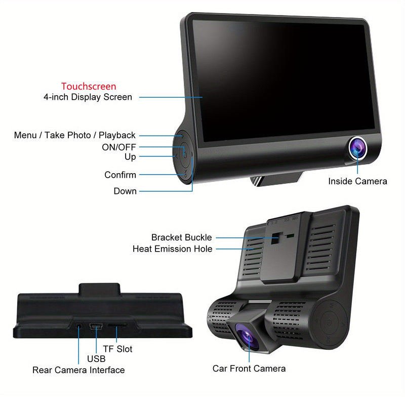 Triple Lens Dash Cam 1080P HD Front & Rear 4" Touch Screen