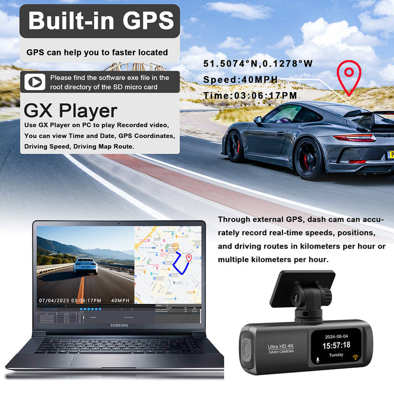 4K Dual Dash Cam Front & Rear Wi-Fi GPS + 64GB Card