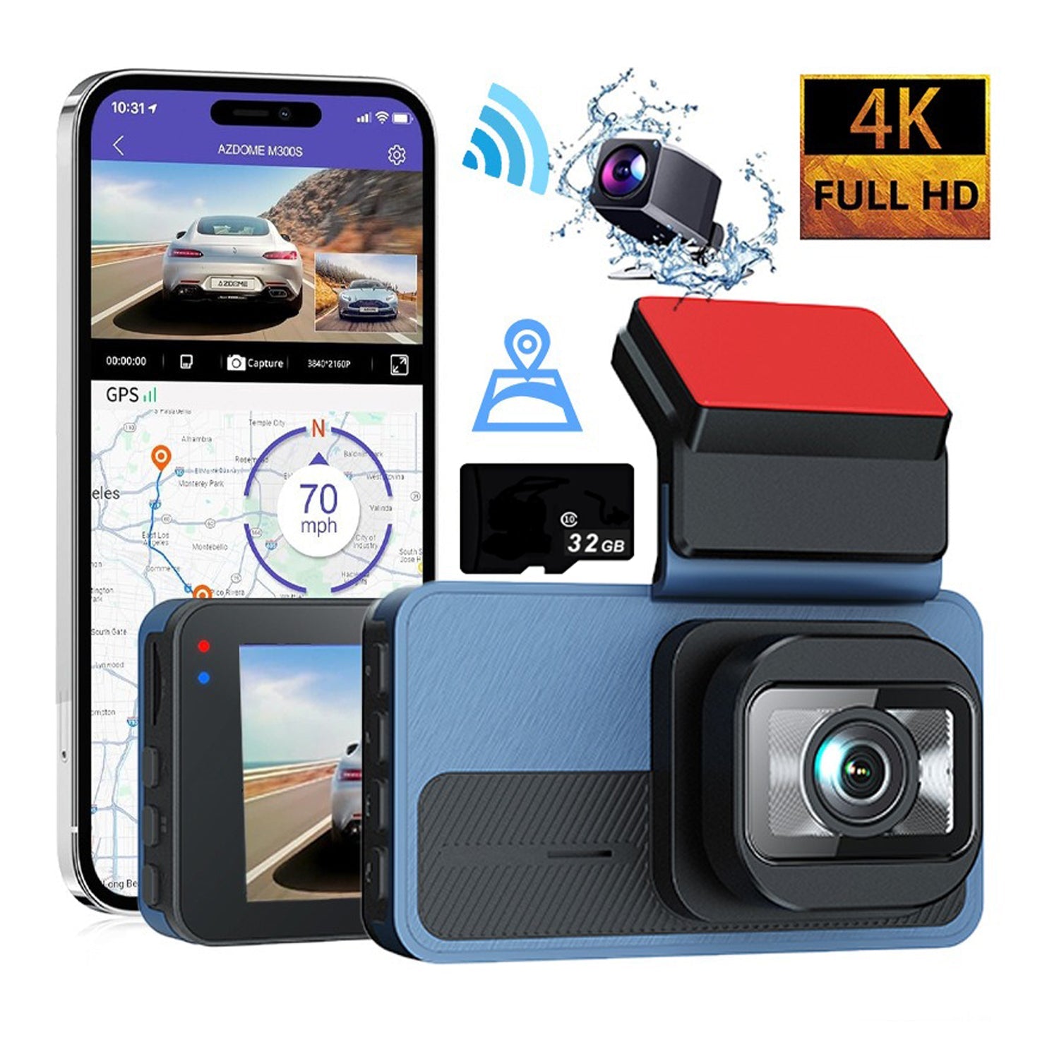 4K+2.5K Dual Dash Cam Front & Rear Wi-Fi GPS ADAS + 32GB