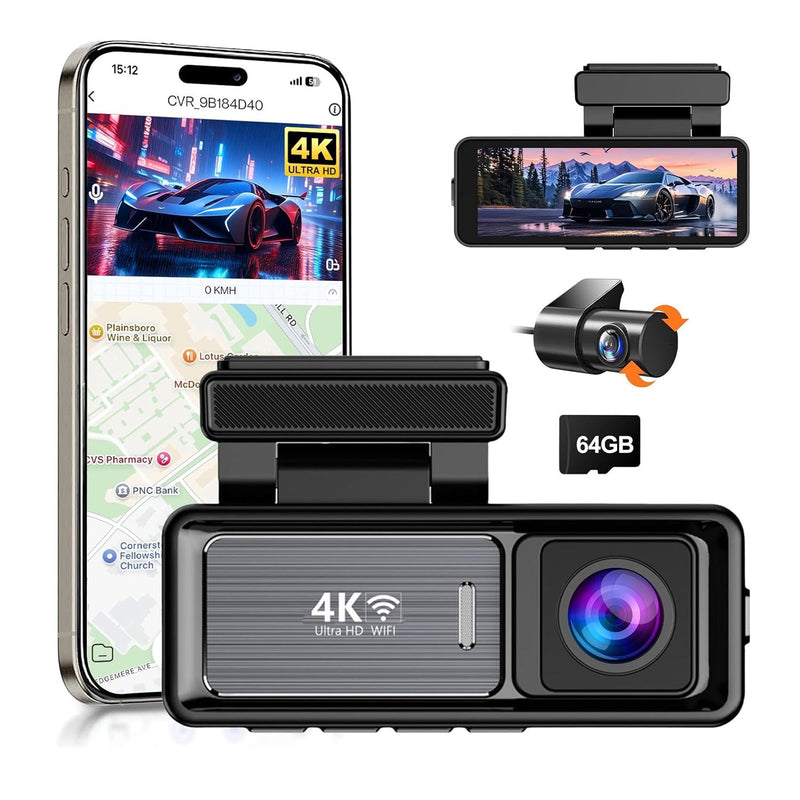 4K Wi-Fi Dash Cam – Front 4K & Rear 1080P Dual Recording with GPS and 64GB Card