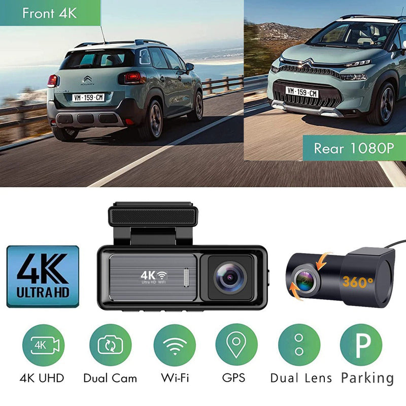 4K Wi-Fi Dash Cam – Front 4K & Rear 1080P Dual Recording with GPS and 64GB Card
