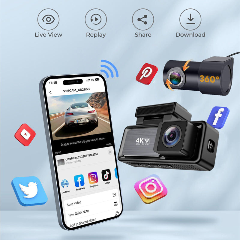4K Wi-Fi Dash Cam – Front 4K & Rear 1080P Dual Recording with GPS and 64GB Card