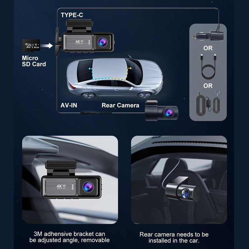 4K Wi-Fi Dash Cam – Front 4K & Rear 1080P Dual Recording with GPS and 64GB Card