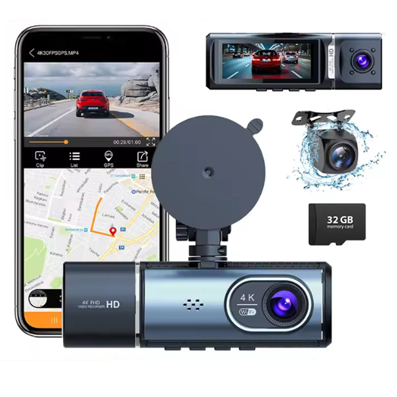 3-Channel 4K+1K+1K Wi-Fi Car Dash Cam – Interior & Exterior Recording with 32GB Card