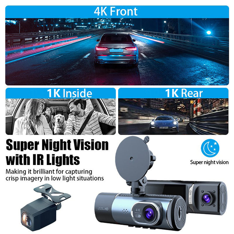 3-Channel 4K+1K+1K Wi-Fi Car Dash Cam – Interior & Exterior Recording with 32GB Card