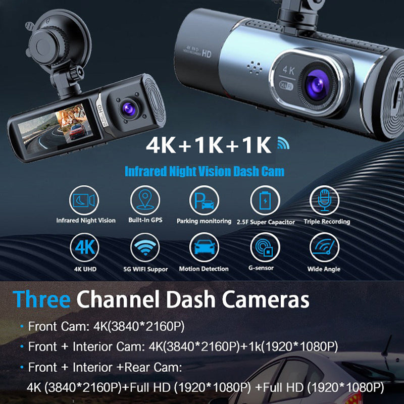 3-Channel 4K+1K+1K Wi-Fi Car Dash Cam – Interior & Exterior Recording with 32GB Card