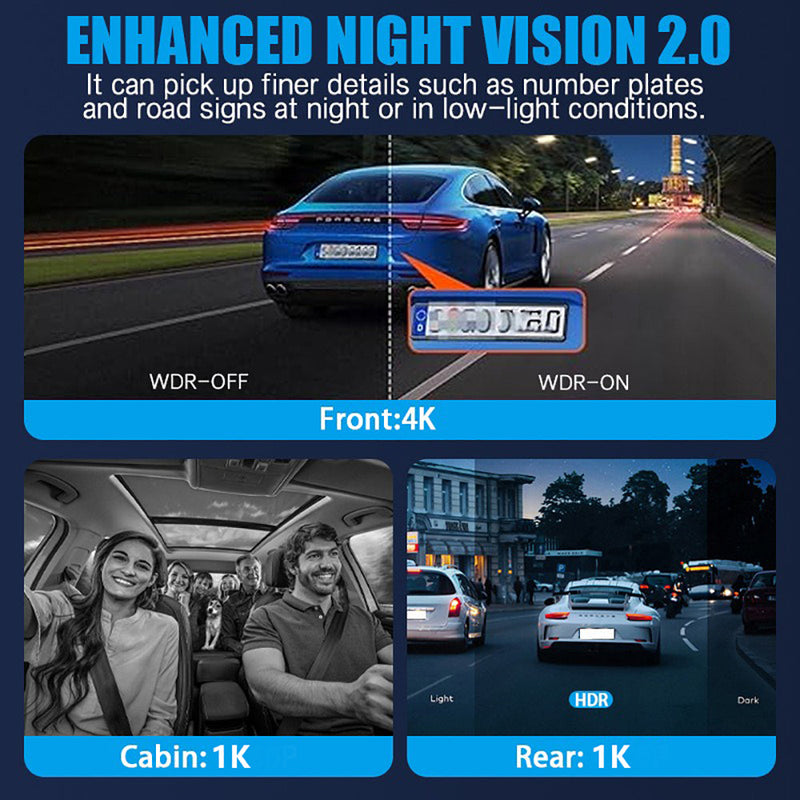3-Channel 4K+1K+1K Wi-Fi Car Dash Cam – Interior & Exterior Recording with 32GB Card