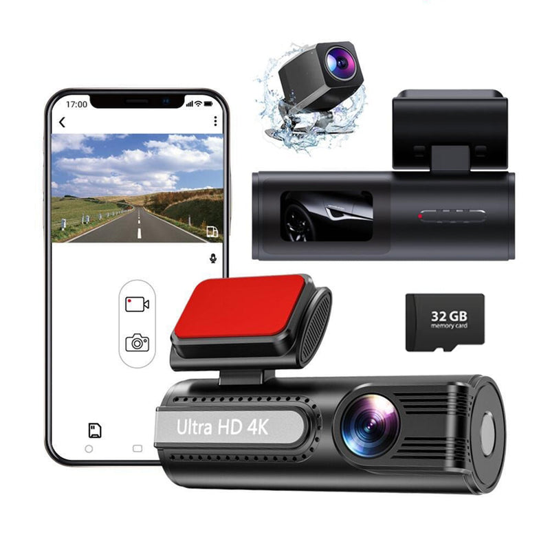 4K Wi-Fi Dual Lens Car Dash Cam – Wide Angle IPS Screen with Night Vision & 32GB Card