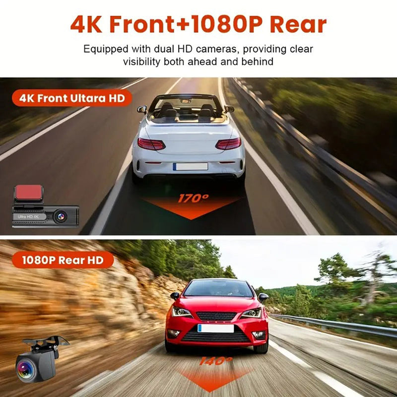 4K Wi-Fi Dual Lens Car Dash Cam – Wide Angle IPS Screen with Night Vision & 32GB Card