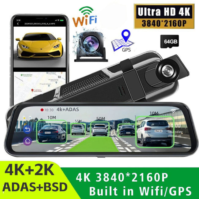 10" 4K Mirror Dash Cam with 2K Rear Camera – Wi-Fi, GPS, ADAS, BSD & Stream Media (64GB Included)