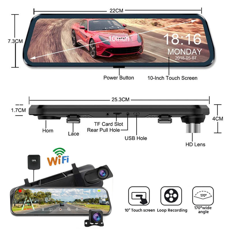 10" 4K Mirror Dash Cam with 2K Rear Camera – Wi-Fi, GPS, ADAS, BSD & Stream Media (64GB Included)