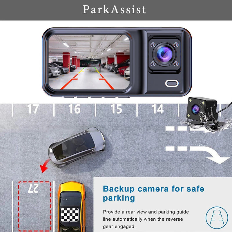 Front & Rear Triple Lens Dash Cam 1080P HD Recorder