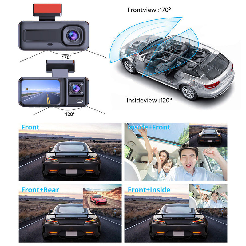 Front & Rear Triple Lens Dash Cam 1080P HD Recorder