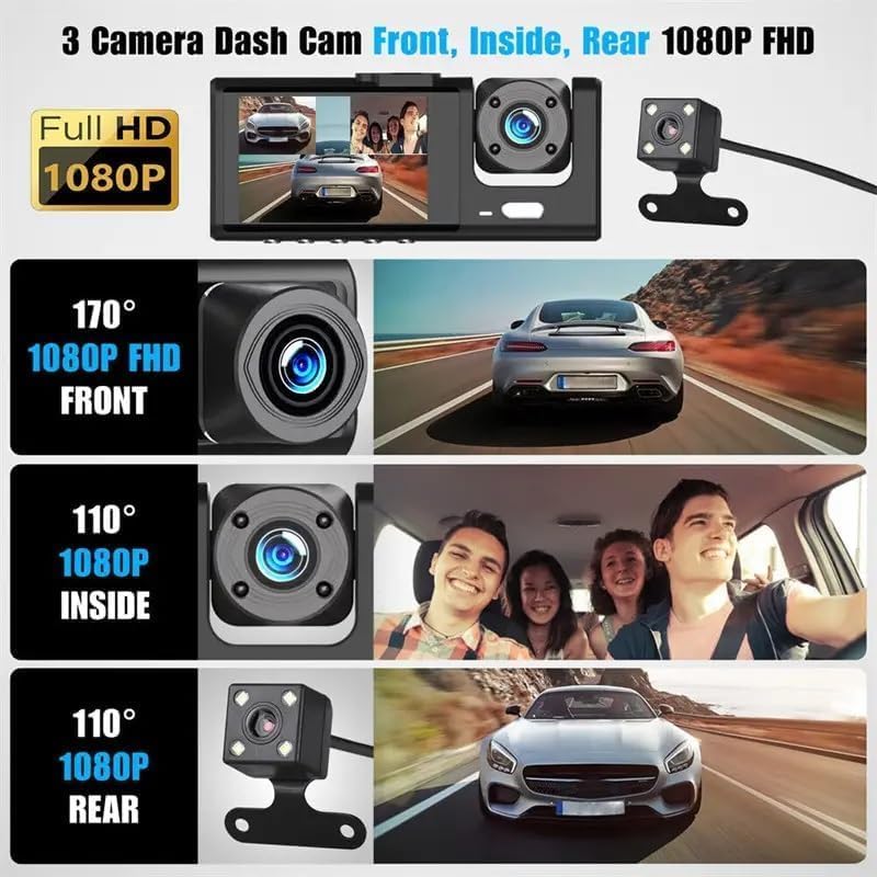 Wi-Fi 3-Channel Dash Cam 1080P Full HD + 32GB Card