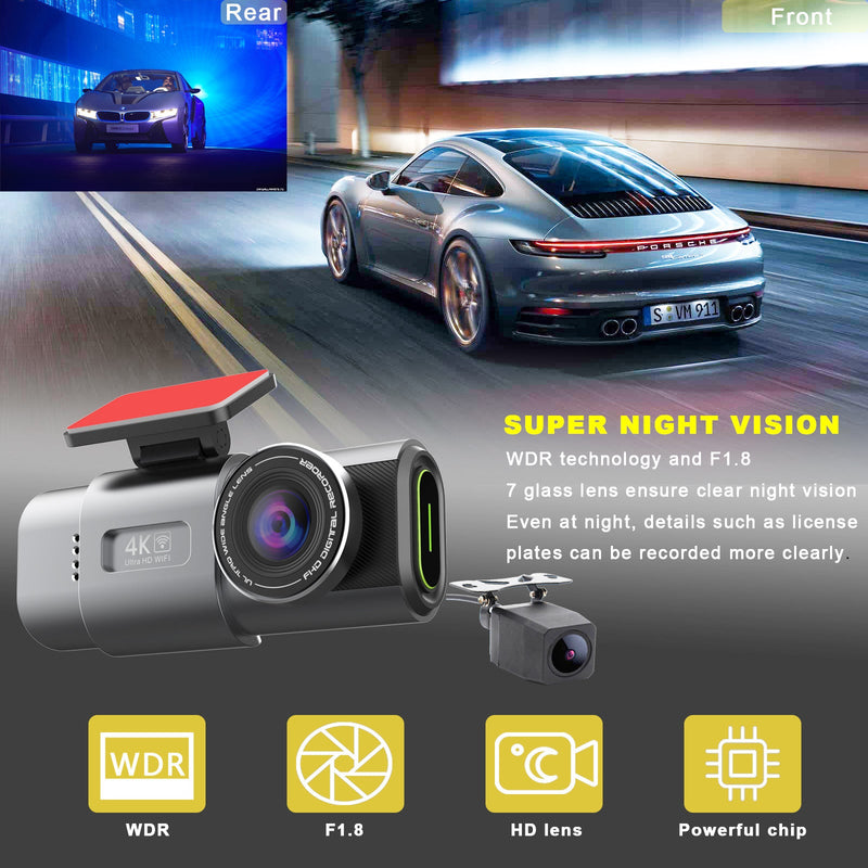 4K UHD Dash Cam – WiFi Front Camera with Night Vision & 64GB Card