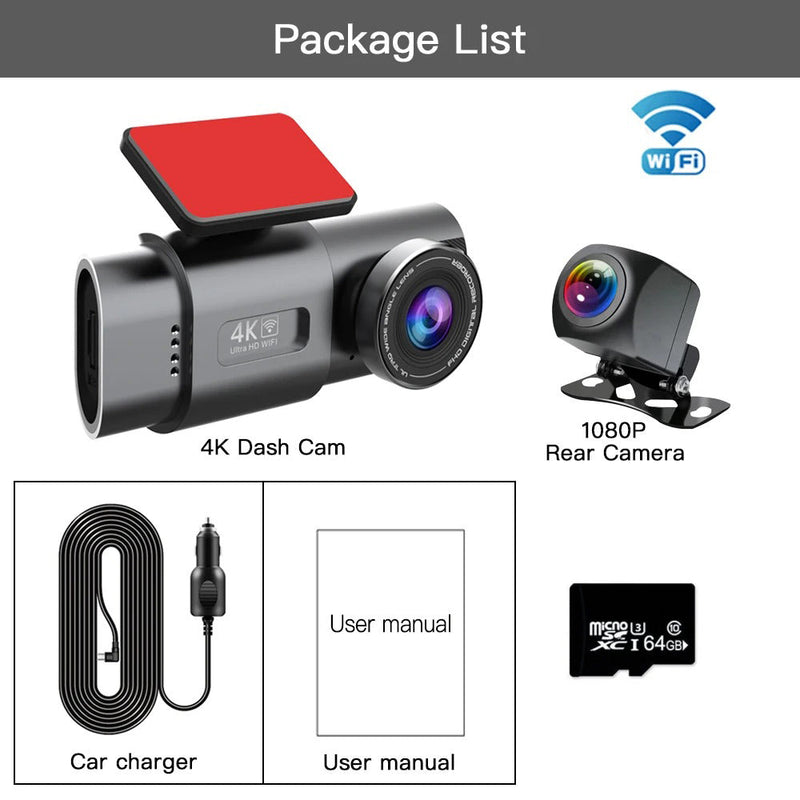 4K UHD Dash Cam – WiFi Front Camera with Night Vision & 64GB Card