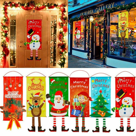 Christmas Hanging Flag Banners Santa Reindeer Snowman Set of 6