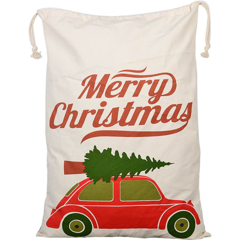 Large Hessian Christmas Santa Sack Gift Bag Cream Tree on Car