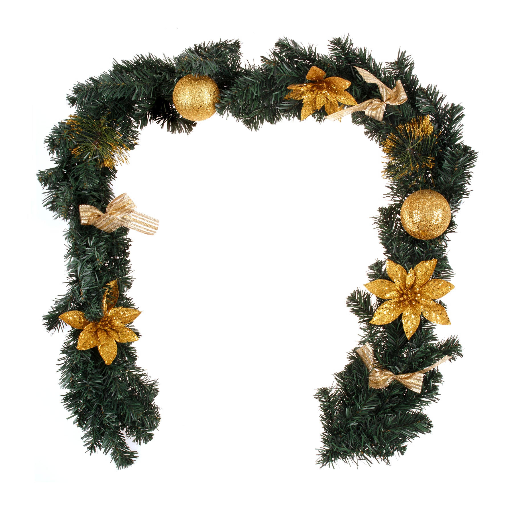 1.8m/6ft Christmas Pine Green Garland Gold Balls Flower Bows