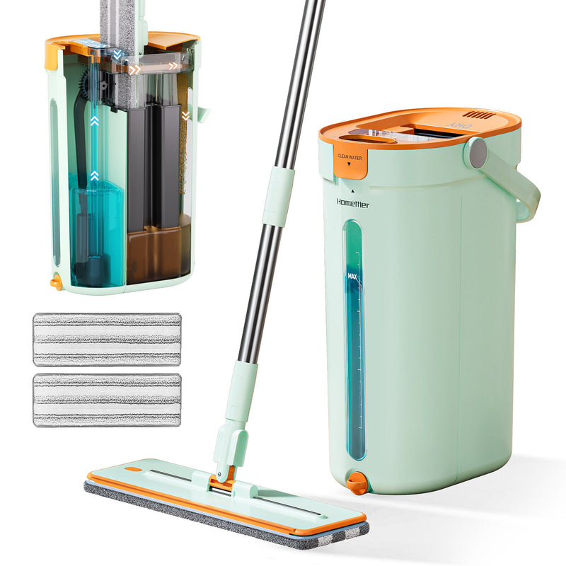 Microfiber Flat Mop & 360° Spin Bucket – Light Green