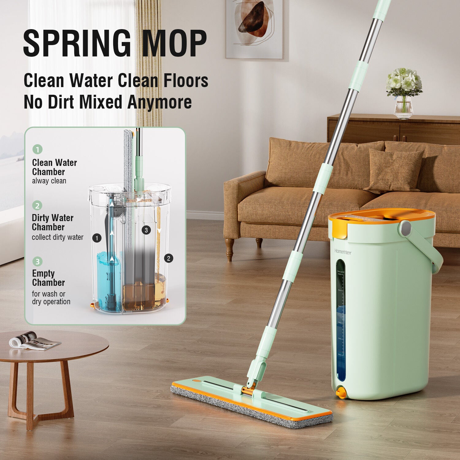 Microfiber Flat Mop & 360° Spin Bucket – Light Green