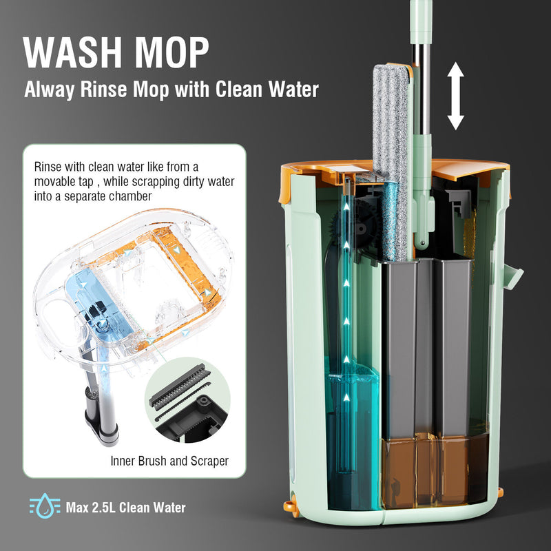 Microfiber Flat Mop & 360° Spin Bucket – Light Green
