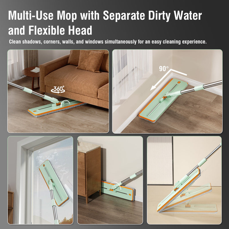 Microfiber Flat Mop & 360° Spin Bucket – Light Green