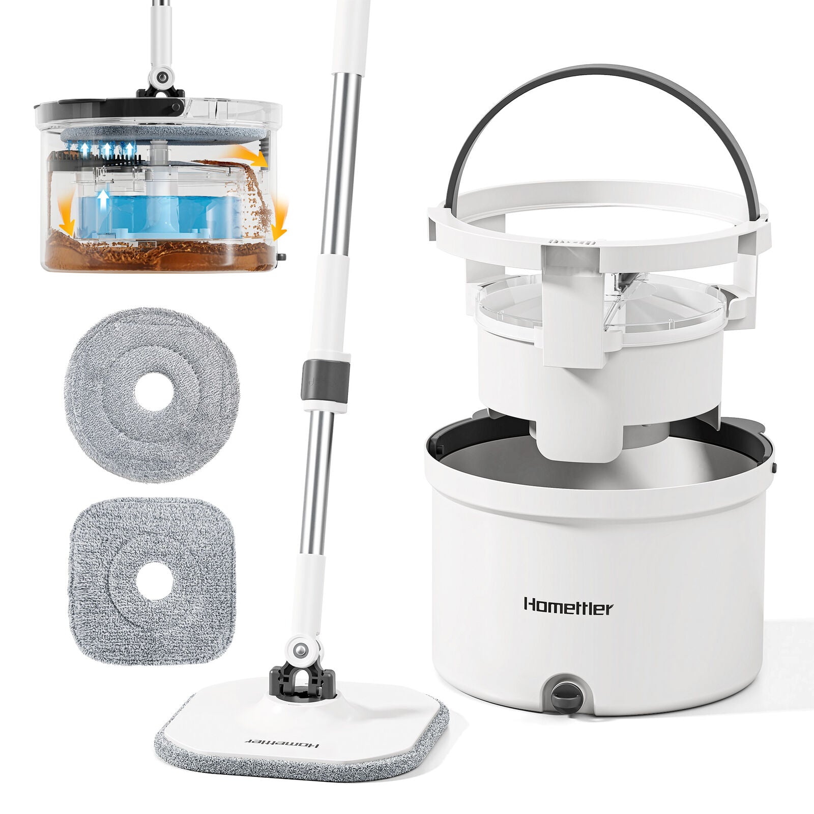 Microfiber Round Mop & 360° Spin Bucket – White