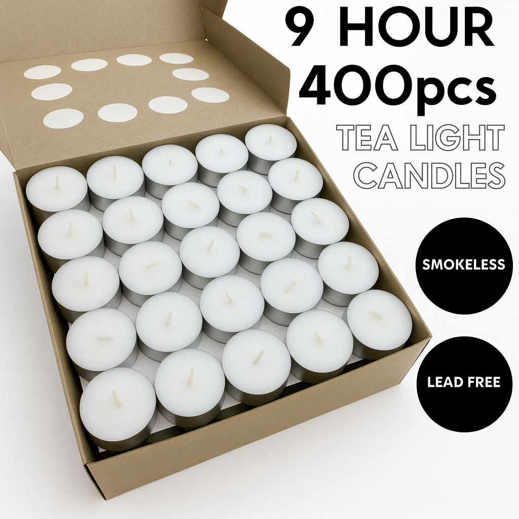 400pcs Tealight Candles – 9 Hour Burn, Smokeless Crystal Wax