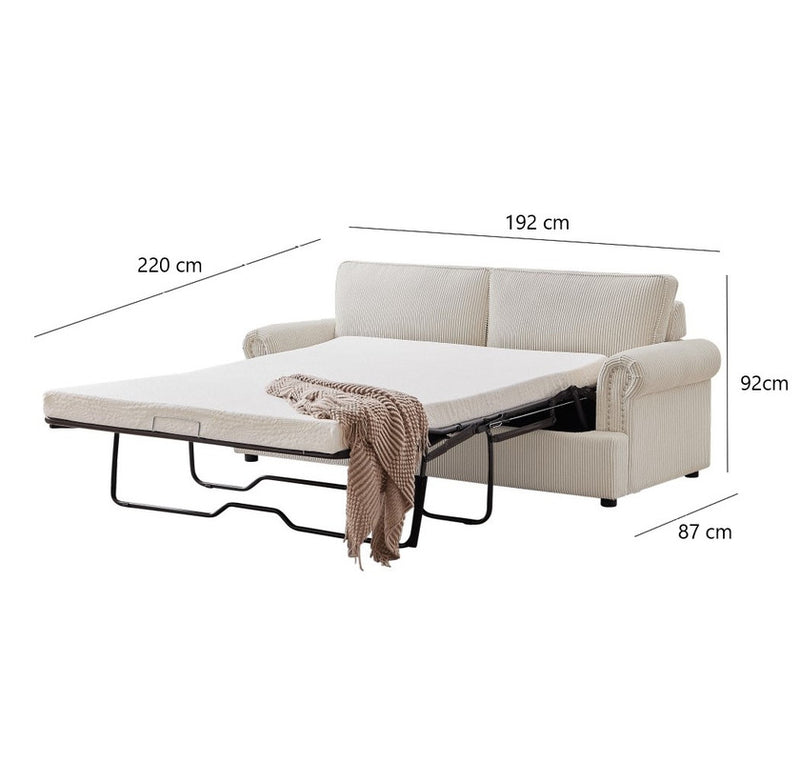 PHEBE 3‑Seater Corduroy Sofa Bed (Cream)