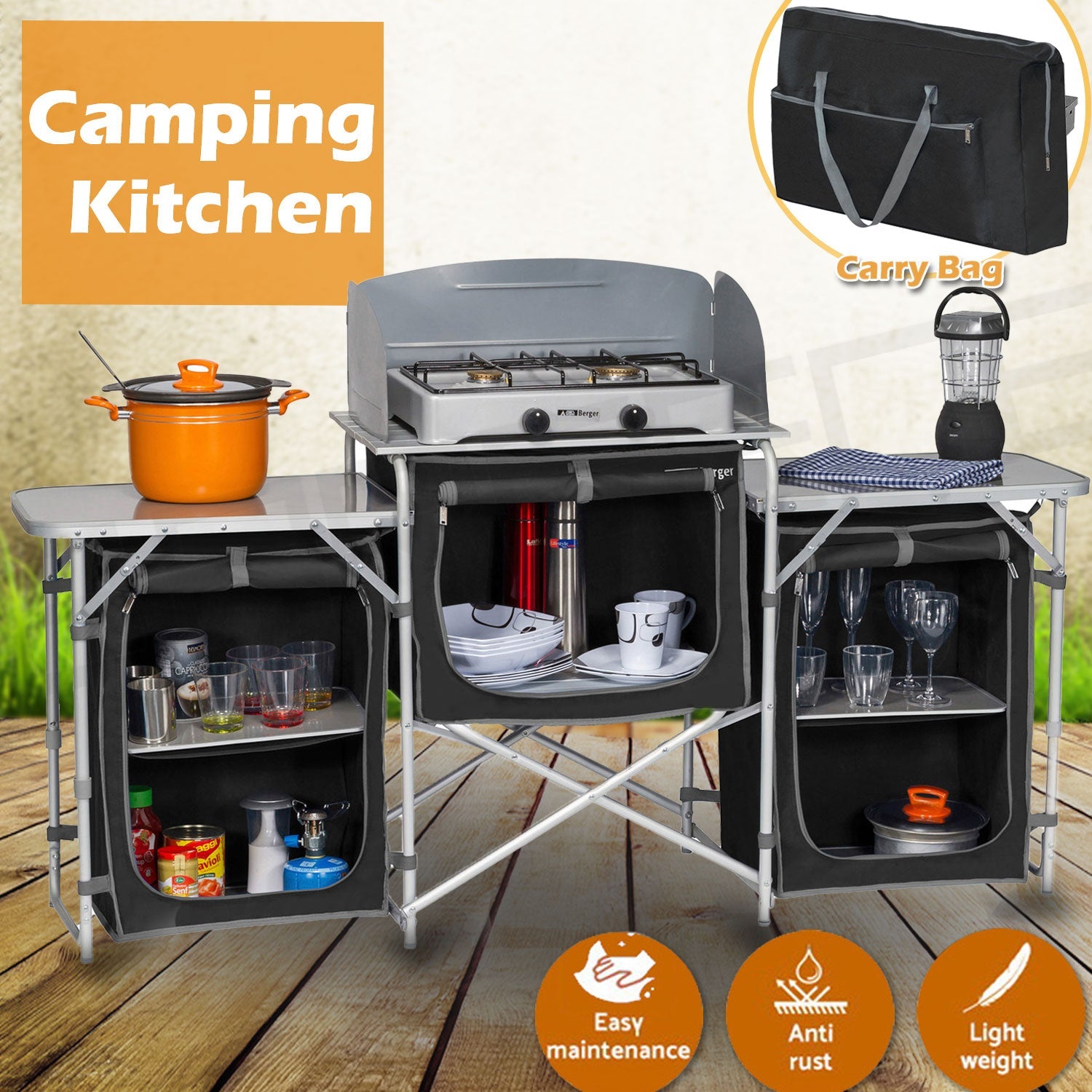 Deluxe Aluminium Foldable Camping Kitchen & Picnic Bench Table with Windshield