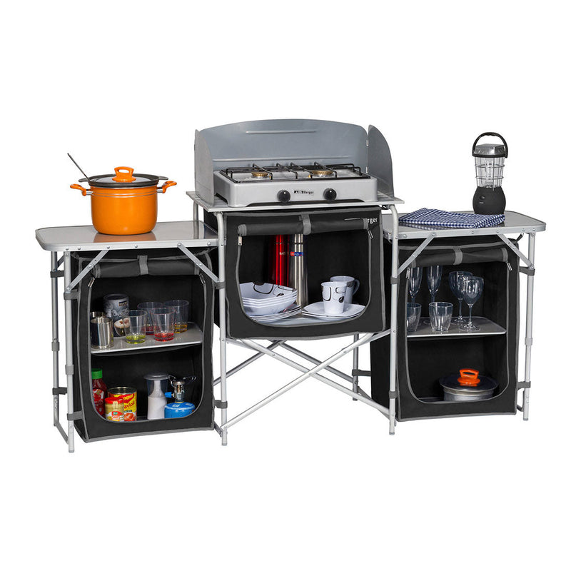 Deluxe Aluminium Foldable Camping Kitchen & Picnic Bench Table with Windshield